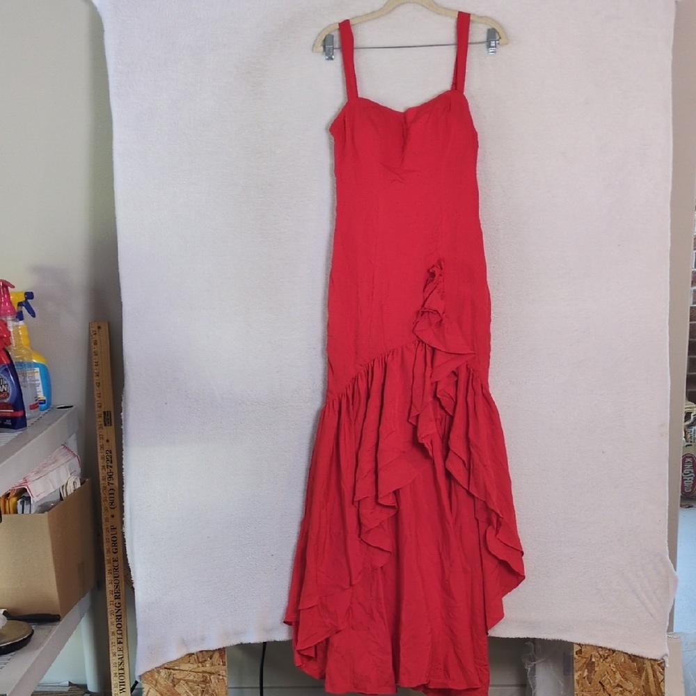 Vibrant‎ Red High Low Ruffle Sleeveless Lace Up Sexy Romantic Dress Size 4